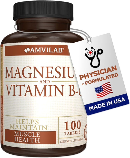 AMVILAB Magnesium and Vitamin B6 Tablets for Muscle and Brain Health, Nerve Function, Vitality, Sleep Quality, and Recovery Boost - 100 Count