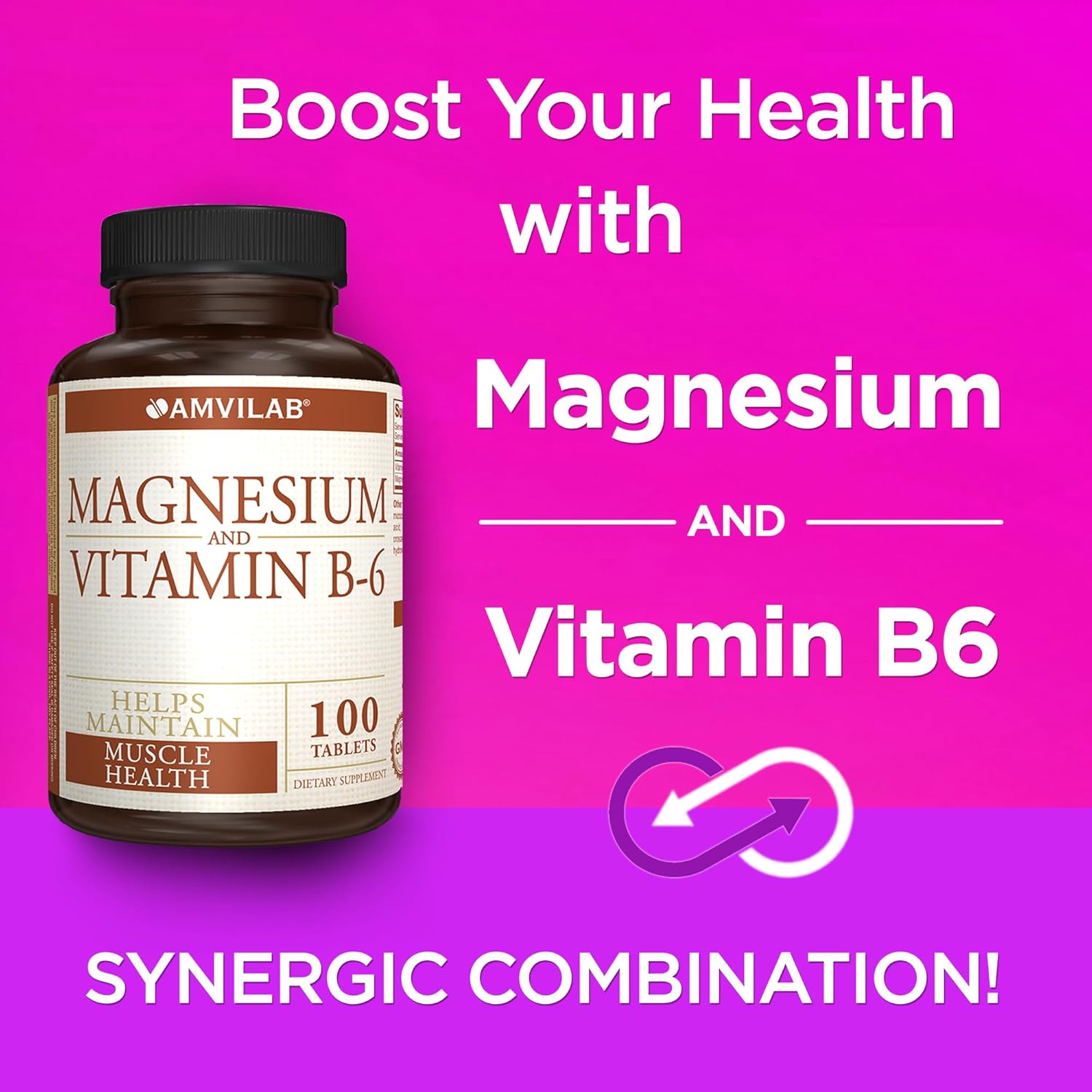 AMVILAB Magnesium and Vitamin B6 Tablets for Muscle and Brain Health, Nerve Function, Vitality, Sleep Quality, and Recovery Boost - 100 Count