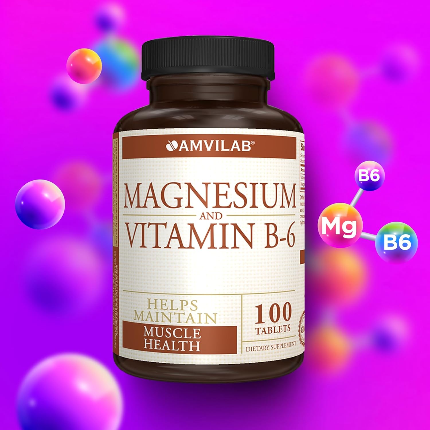 AMVILAB Magnesium and Vitamin B6 Tablets for Muscle and Brain Health, Nerve Function, Vitality, Sleep Quality, and Recovery Boost - 100 Count