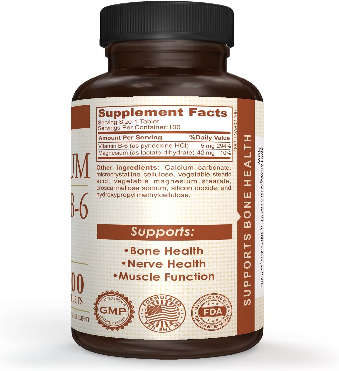 AMVILAB Magnesium and Vitamin B6 Tablets for Muscle and Brain Health, Nerve Function, Vitality, Sleep Quality, and Recovery Boost - 100 Count