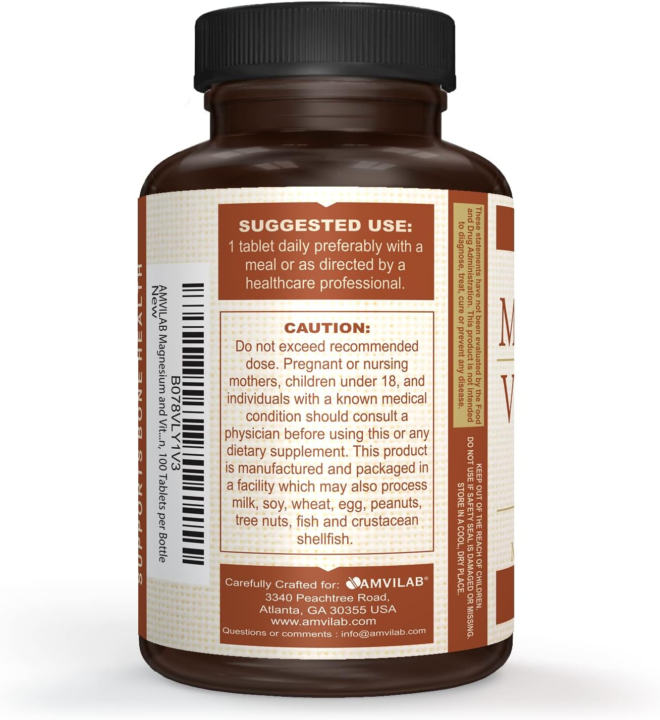 AMVILAB Magnesium and Vitamin B6 Tablets for Muscle and Brain Health, Nerve Function, Vitality, Sleep Quality, and Recovery Boost - 100 Count