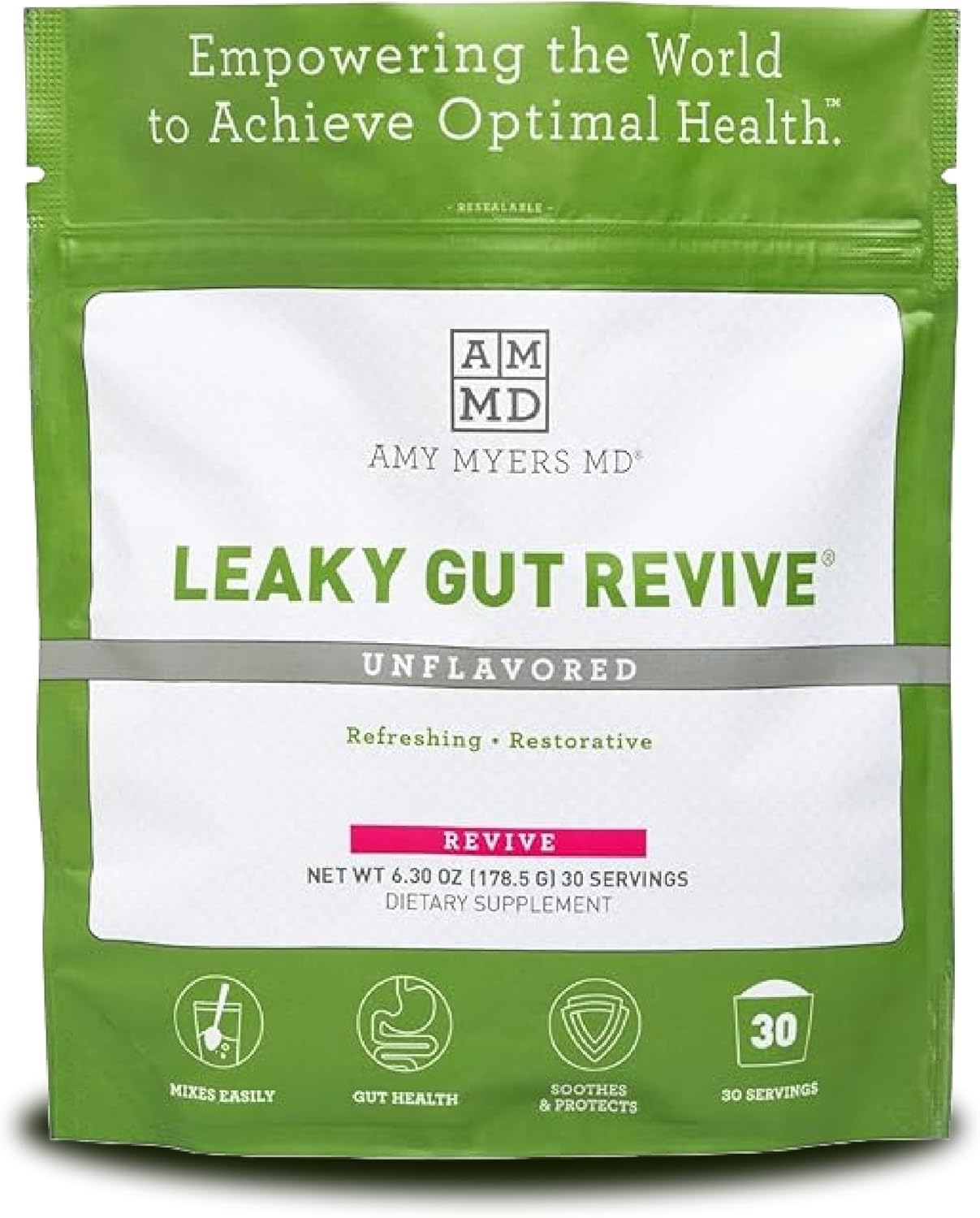 Amy Myers MD Leaky Gut Revive Powder with L Glutamine and Slippery Elm - Supports Gut Repair and Digestive Health - 6.30 Oz Unflavoured Formula for Constipation, Diarrhea, Bloating, Heartburn, and SIBO