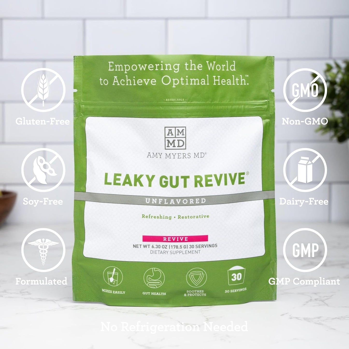 Amy Myers MD Leaky Gut Revive Powder with L Glutamine and Slippery Elm - Supports Gut Repair and Digestive Health - 6.30 Oz Unflavoured Formula for Constipation, Diarrhea, Bloating, Heartburn, and SIBO