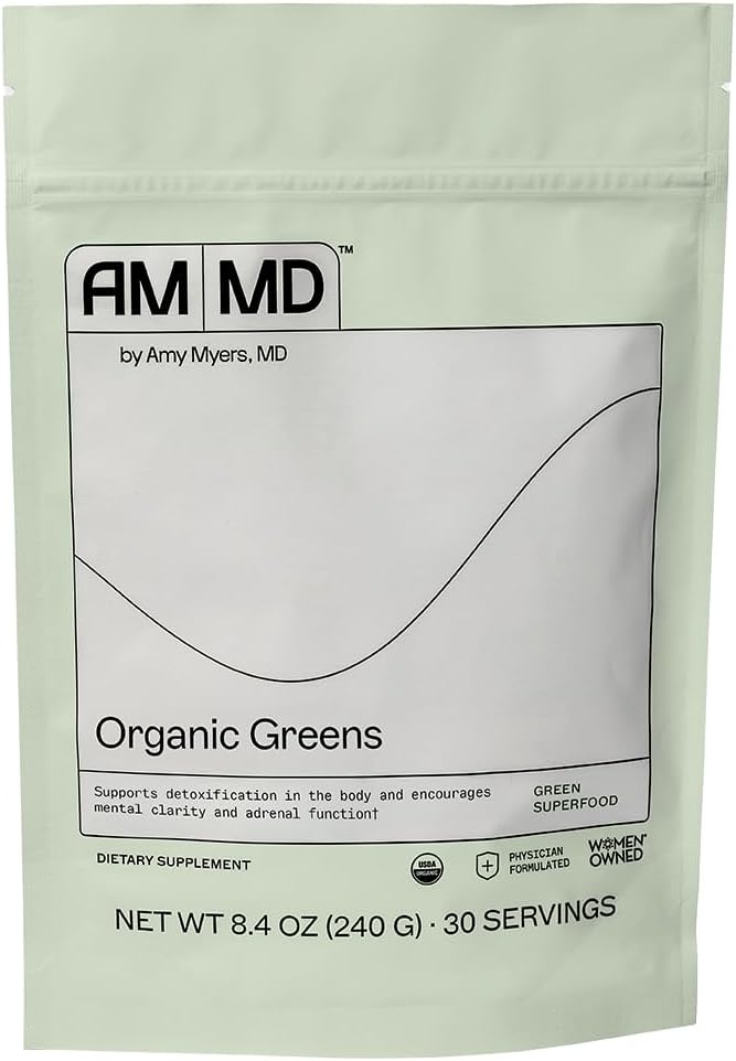 Amy Myers MD Organic Greens Powder Superfood Juice - USDA Certified 14 Organic Plant Foods - Spirulina, Chlorella, Barley - 270g