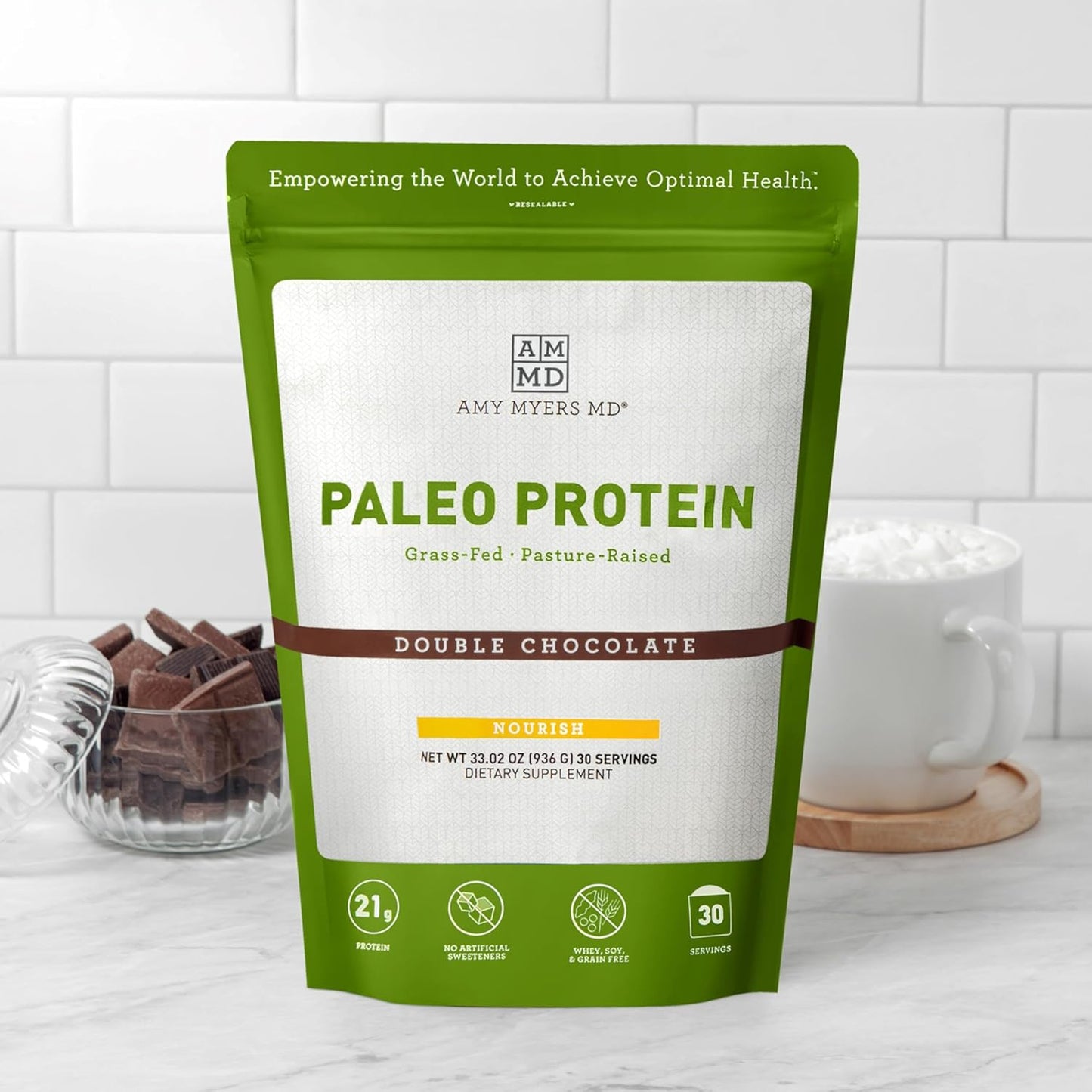 Amy Myers MD Pure Paleo Double Chocolate Protein Powder - Grass Fed, Pasture Raised, Hormone-Free, Non-GMO, Gluten & Dairy-Free - Ideal for Keto & Paleo - 33.02 oz