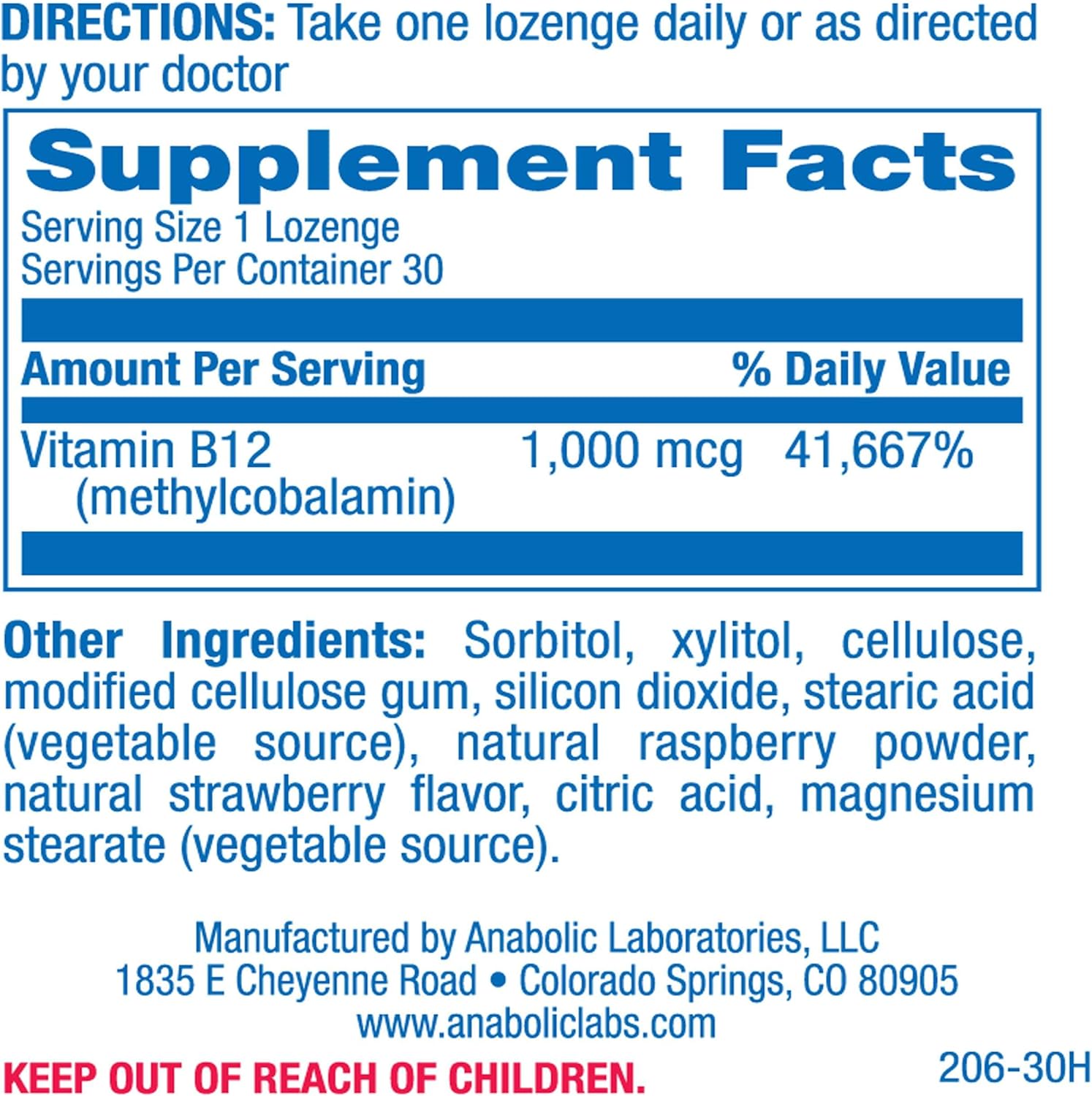 Anabolic Laboratories Methylcobalamin B12 1000mcg Sublingual Lozenges - Energy & Nerve Support for Men & Women - 30 Berry Flavored Count
