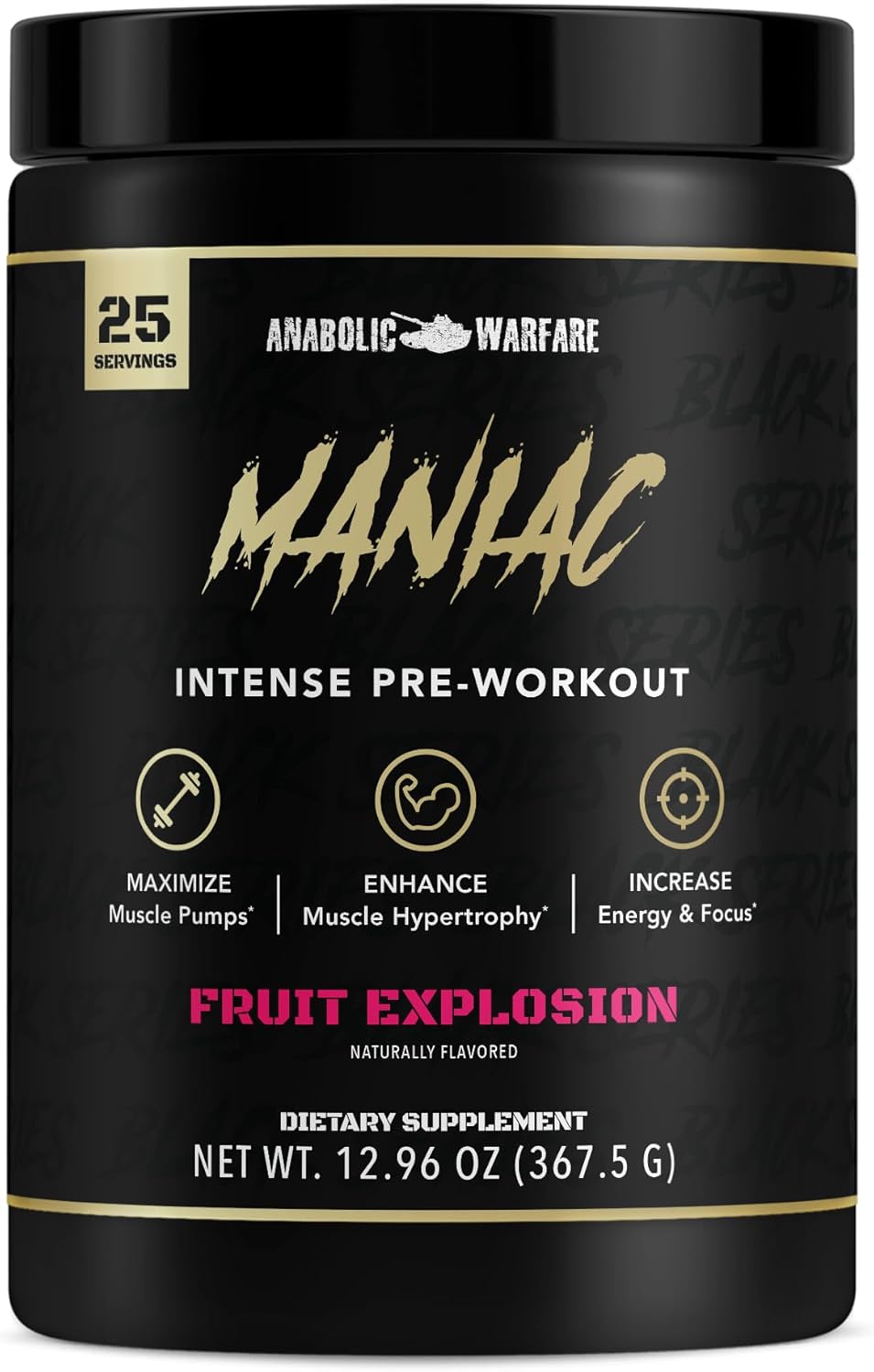 Anabolic Warfare Black Series Maniac Pre-Workout Powder - Fruit Explosion Flavor, Boosts Nitric Oxide & Protein Synthesis for Muscle Pumps