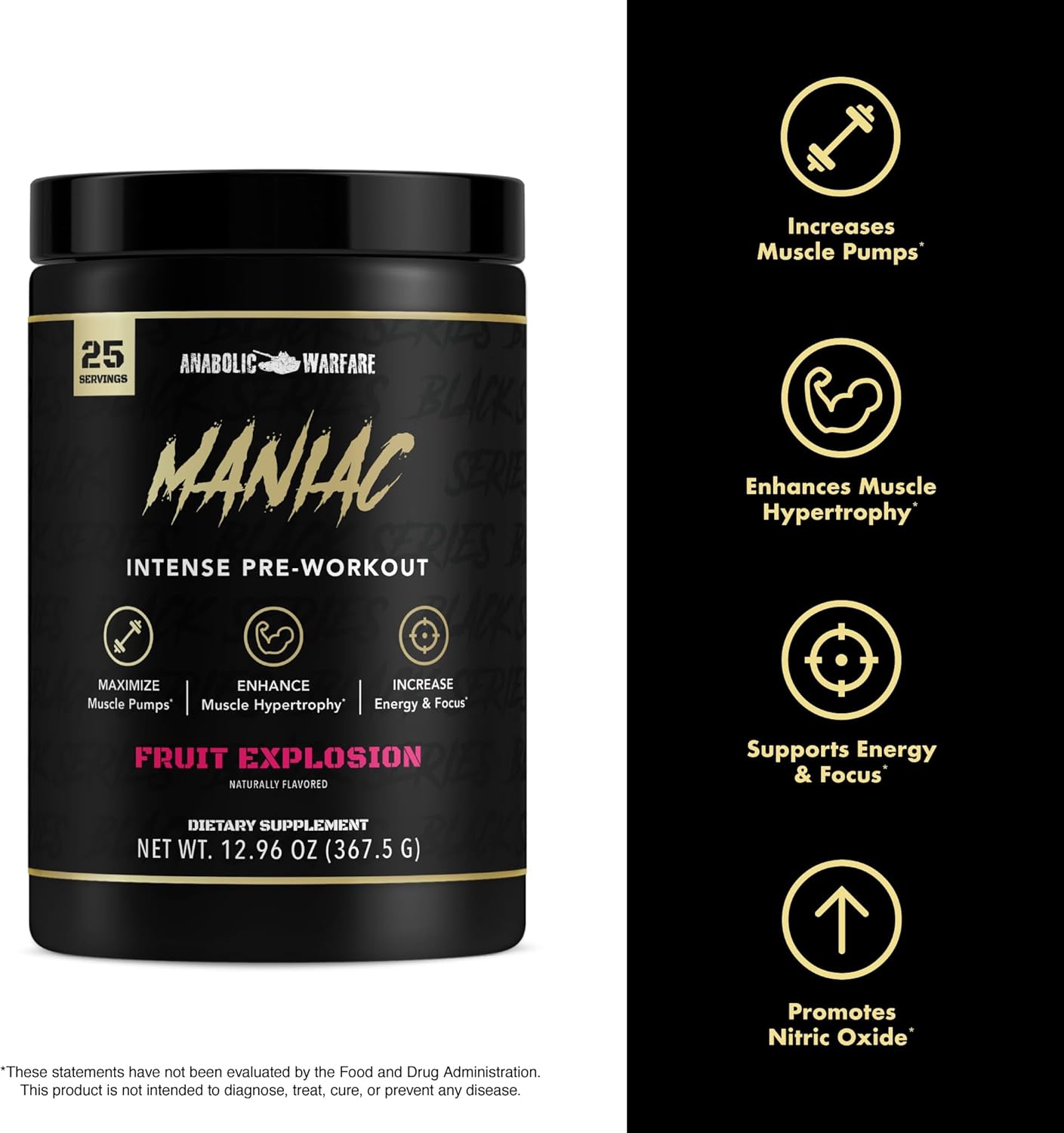 Anabolic Warfare Black Series Maniac Pre-Workout Powder - Fruit Explosion Flavor, Boosts Nitric Oxide & Protein Synthesis for Muscle Pumps