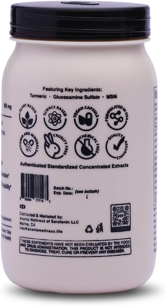 Ananta Glucosamine MSM Supplement for Joint & Bone Health - Supports Pain Relief, Mobility, Strength, Flexibility - 90 Vegan Capsules