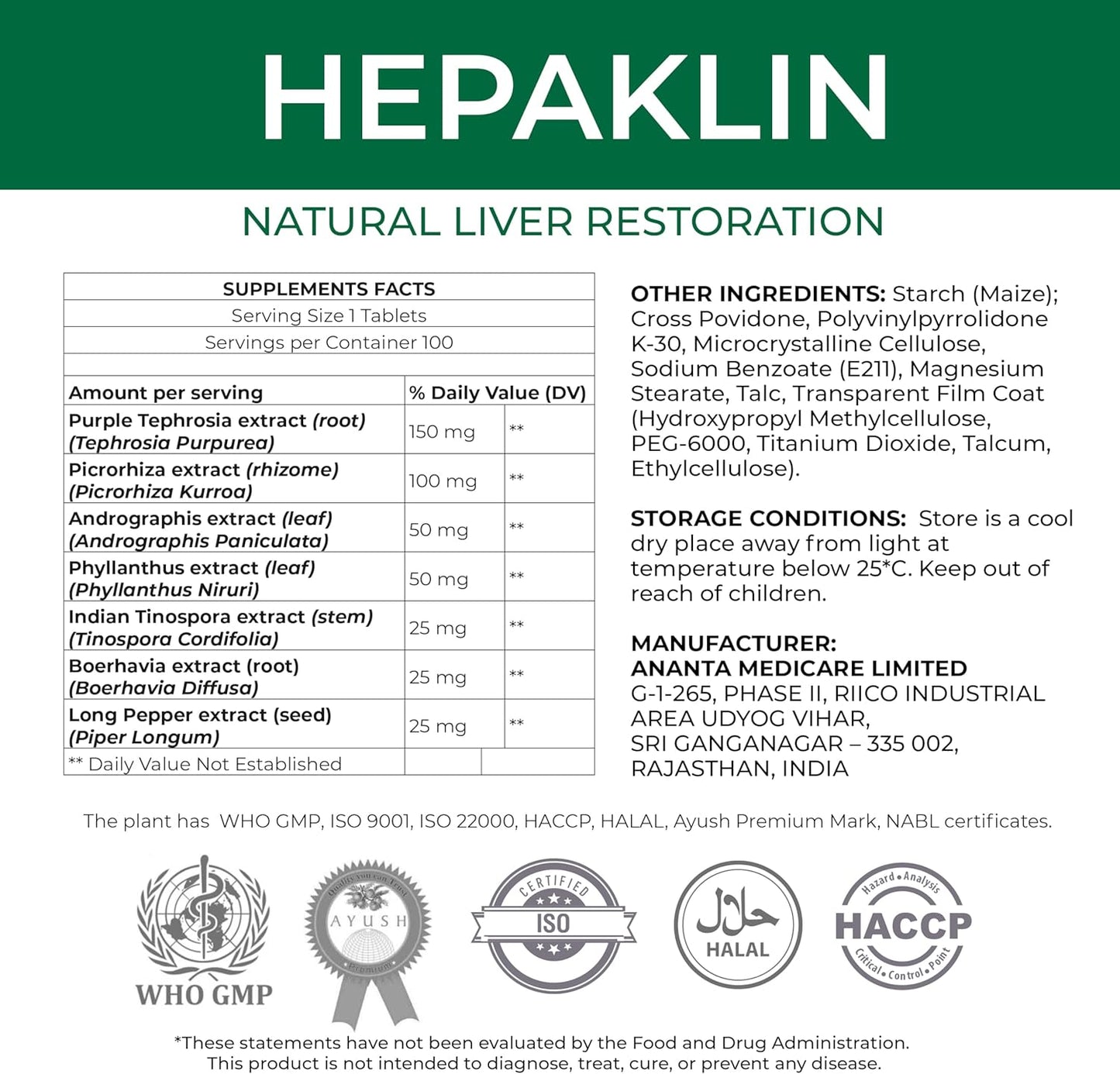 Ananta Medicare USA Hepaklin Liver Support Supplement - Herbal Formula for Liver Restoration, Detox, and Bile Flow - Reduce Fatty Deposits, Protect Against Toxins - 90-Day Supply
