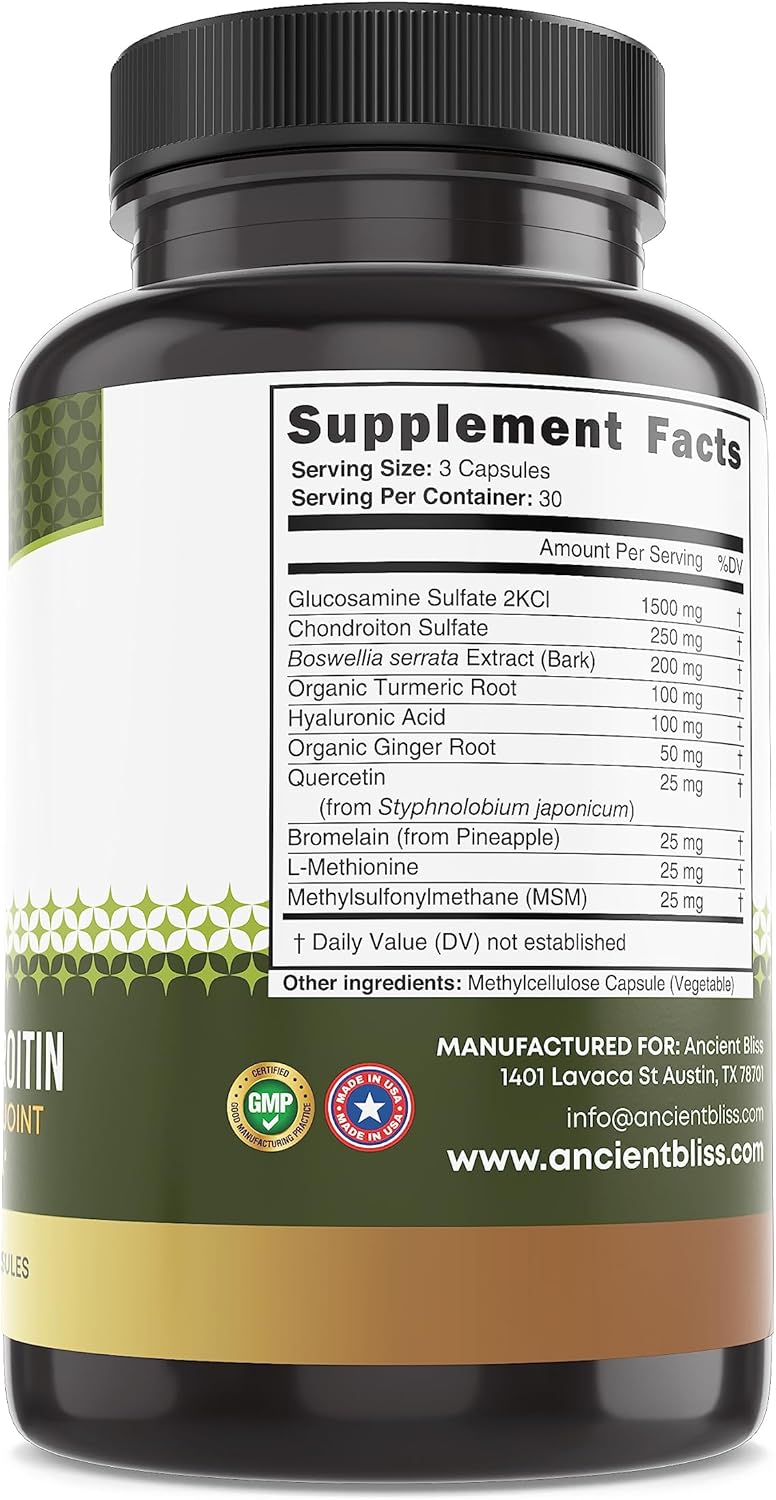 Ancient Bliss Joint Support Supplement with Glucosamine, Chondroitin, MSM - Mobility & Cartilage Formula for Men & Women (90 Capsules)