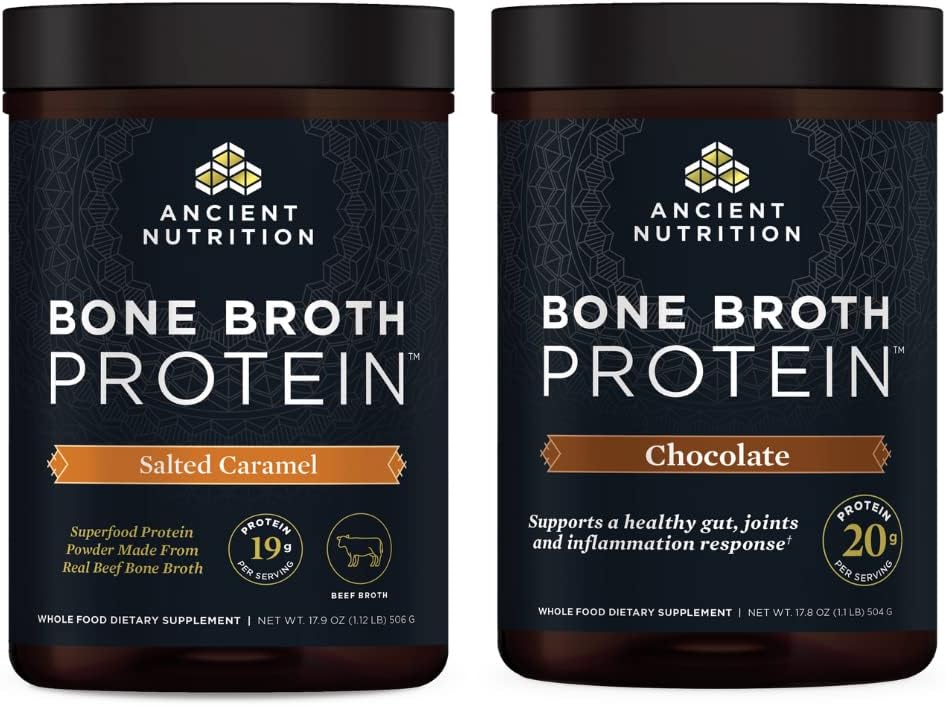 Ancient Nutrition Bone Broth Protein Powder Bundle - Salted Caramel & Chocolate Flavors, 40 Servings