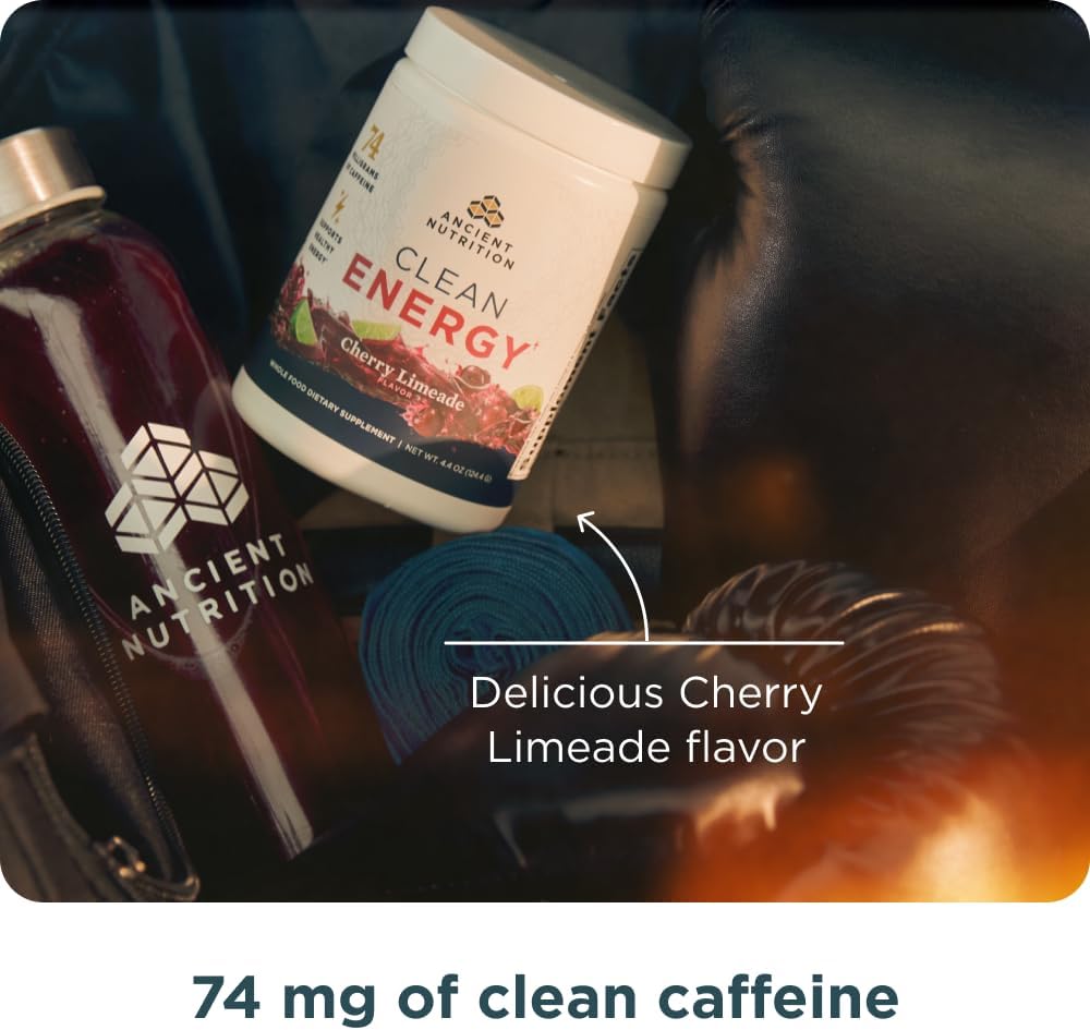 Ancient Nutrition Cherry Limeade Clean Energy Powder - Supports Healthy Energy, Cognitive Health, Mental Alertness, Focus - 30 Servings