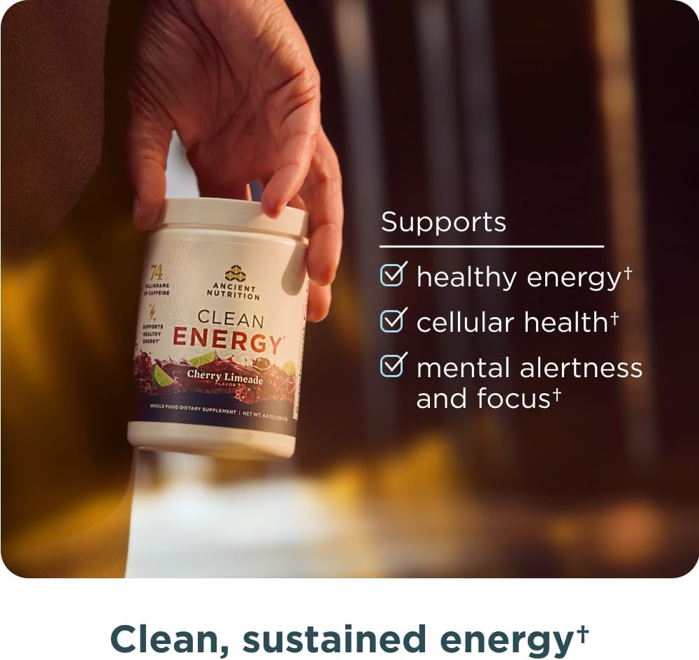 Ancient Nutrition Cherry Limeade Clean Energy Powder - Supports Healthy Energy, Cognitive Health, Mental Alertness, Focus - 30 Servings