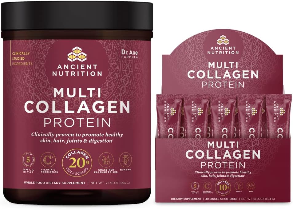 Ancient Nutrition Multi Collagen Protein Powder Bundle - 60 Servings Powder & 40 Stick Packs, Unflavored