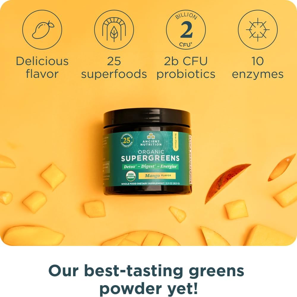 Ancient Nutrition Multi Collagen Protein Powder + Organic Supergreens Powder Bundle, Unflavored/Mango, 24/12 Servings