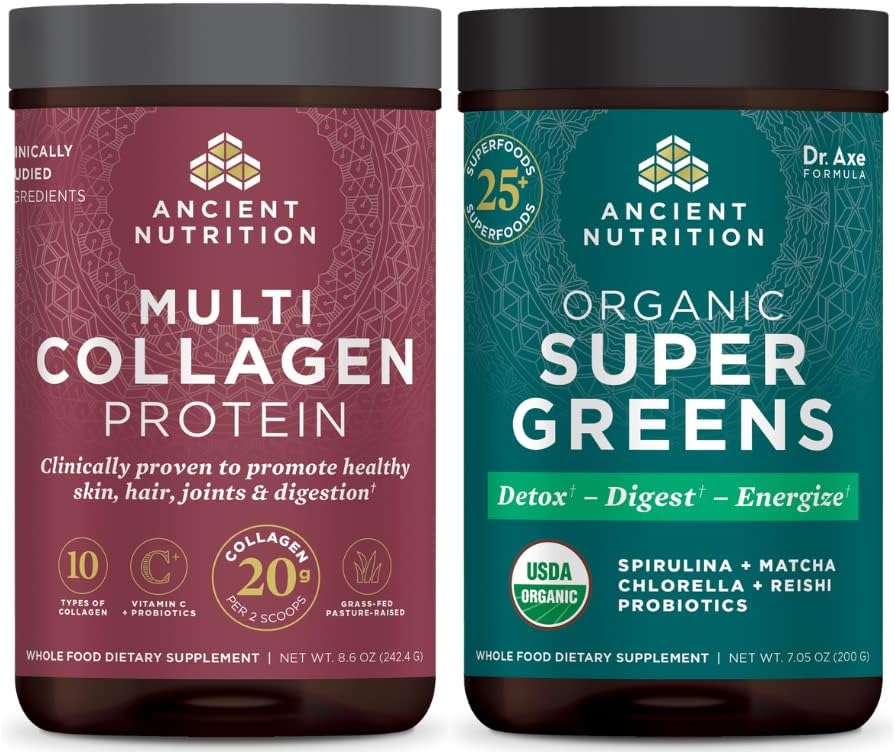 Ancient Nutrition Multi Collagen Protein Powder & Supergreens Powder Bundle - 24 Servings of Unflavored Collagen Protein + 25 Servings of Greens Flavor Superfood Powder