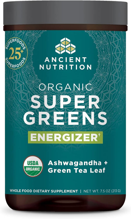 Ancient Nutrition Organic SuperGreens Energizer Powder with Probiotics, B12 & Real Fruits, Vegetables, Herbs - Digestive, Detox & Energy Support - 25 Servings