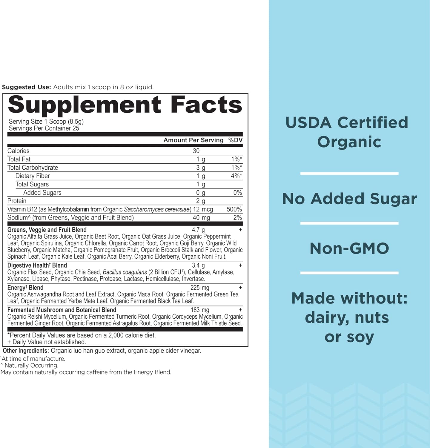 Ancient Nutrition Organic SuperGreens Energizer Powder with Probiotics, B12 & Real Fruits, Vegetables, Herbs - Digestive, Detox & Energy Support - 25 Servings