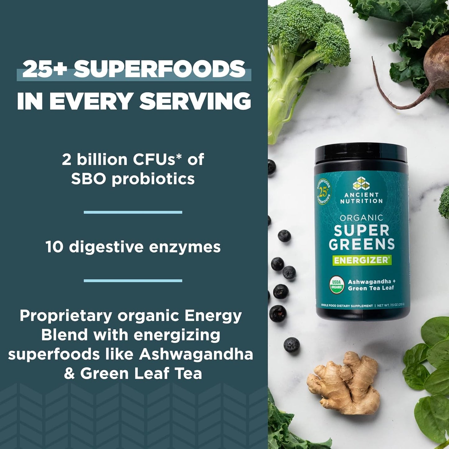 Ancient Nutrition Organic SuperGreens Energizer Powder with Probiotics, B12 & Real Fruits, Vegetables, Herbs - Digestive, Detox & Energy Support - 25 Servings
