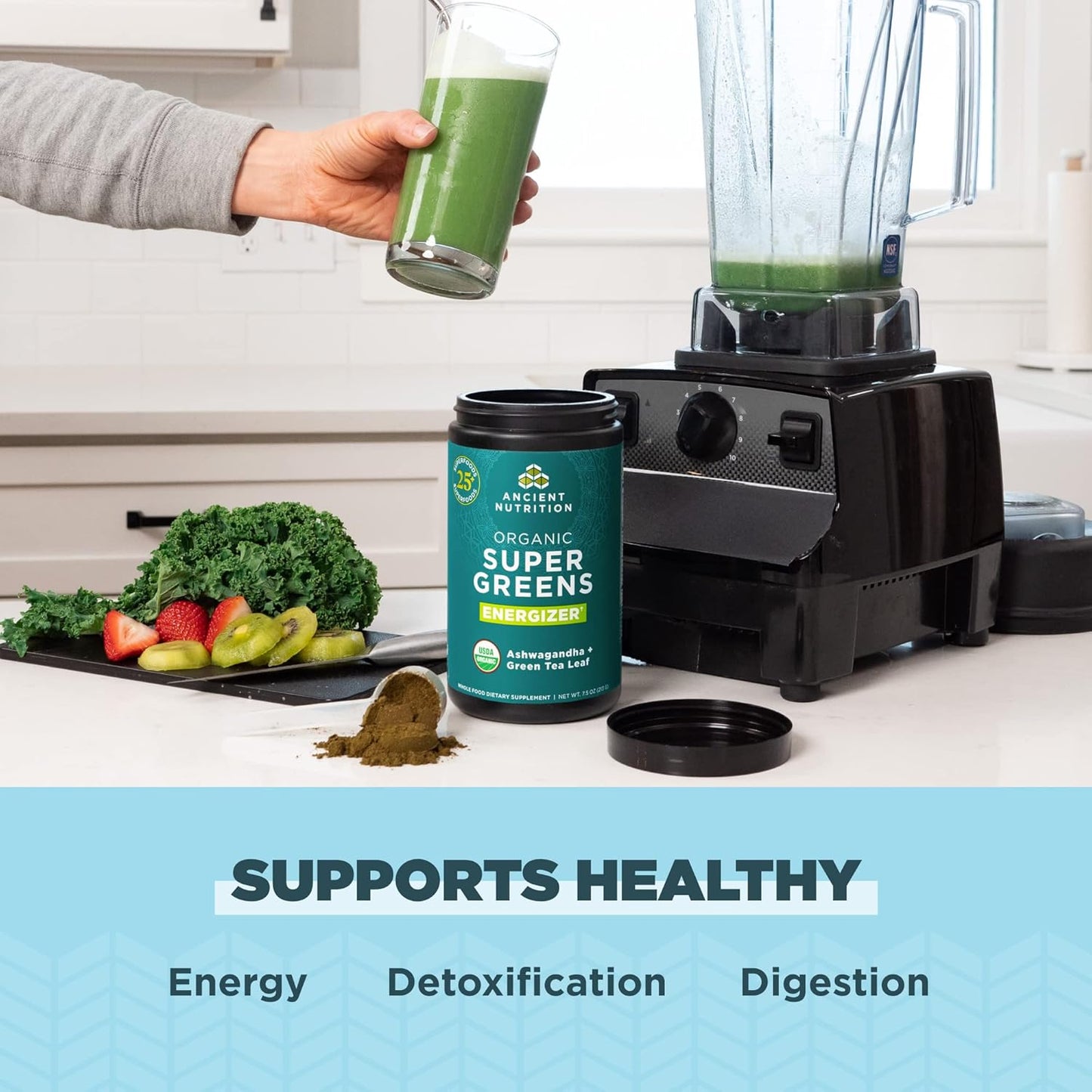 Ancient Nutrition Organic SuperGreens Energizer Powder with Probiotics, B12 & Real Fruits, Vegetables, Herbs - Digestive, Detox & Energy Support - 25 Servings