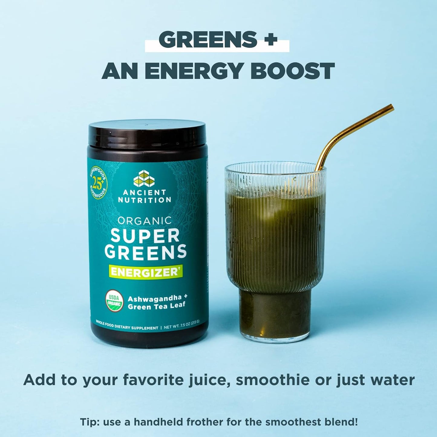 Ancient Nutrition Organic SuperGreens Energizer Powder with Probiotics, B12 & Real Fruits, Vegetables, Herbs - Digestive, Detox & Energy Support - 25 Servings