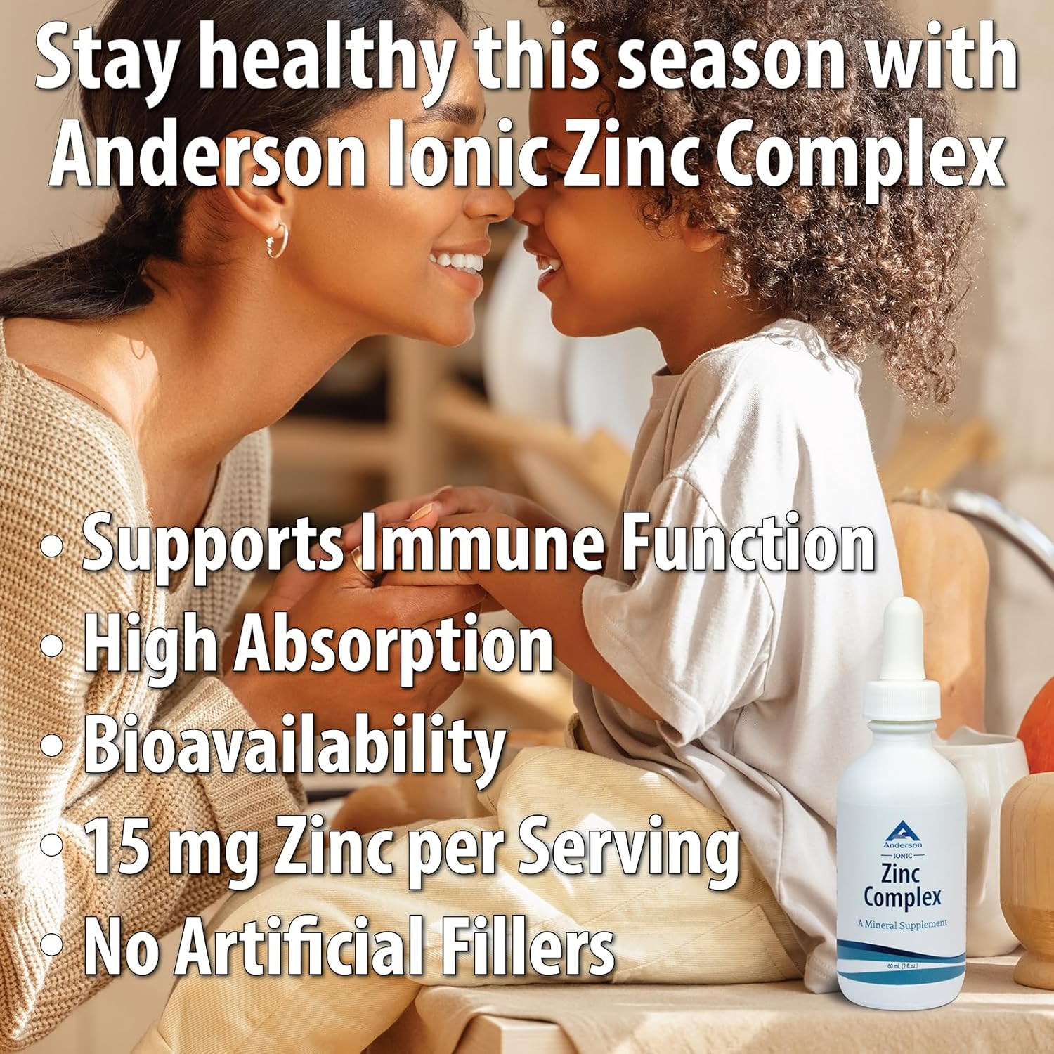 Anderson Ionic Zinc Complex - Liquid Drops for Immune Support - 15mg Zinc Sulfate - Trace Mineral Dietary Supplement - 60 Servings, 2oz Bottle