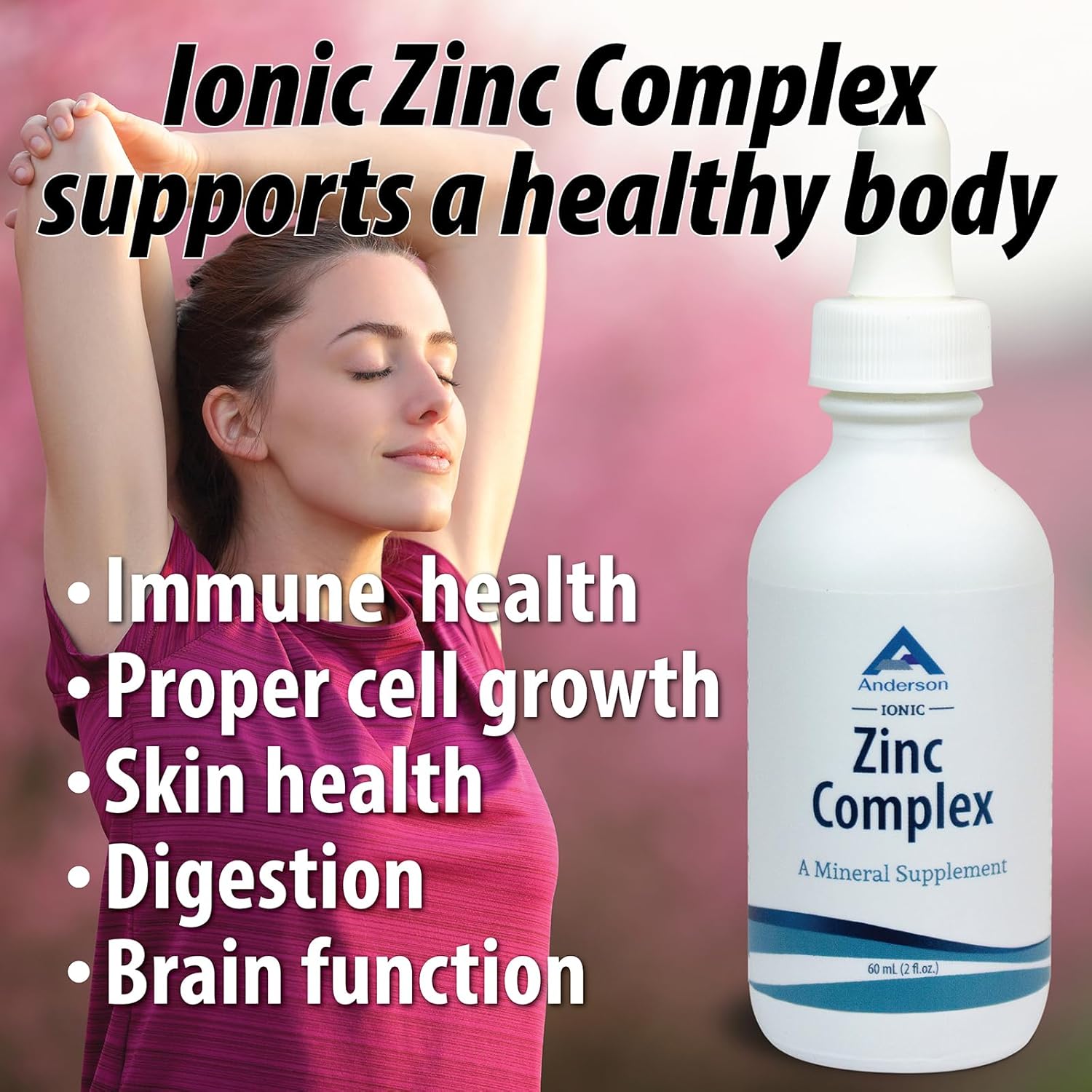 Anderson Ionic Zinc Complex - Liquid Drops for Immune Support - 15mg Zinc Sulfate - Trace Mineral Dietary Supplement - 60 Servings, 2oz Bottle