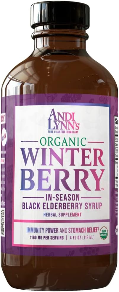Andi Lynn's Winterberry Black Elderberry Syrup - Organic Immune Support with Cinnamon, Ginger, Honey, and Lemon - 4oz bottle for the Whole Family