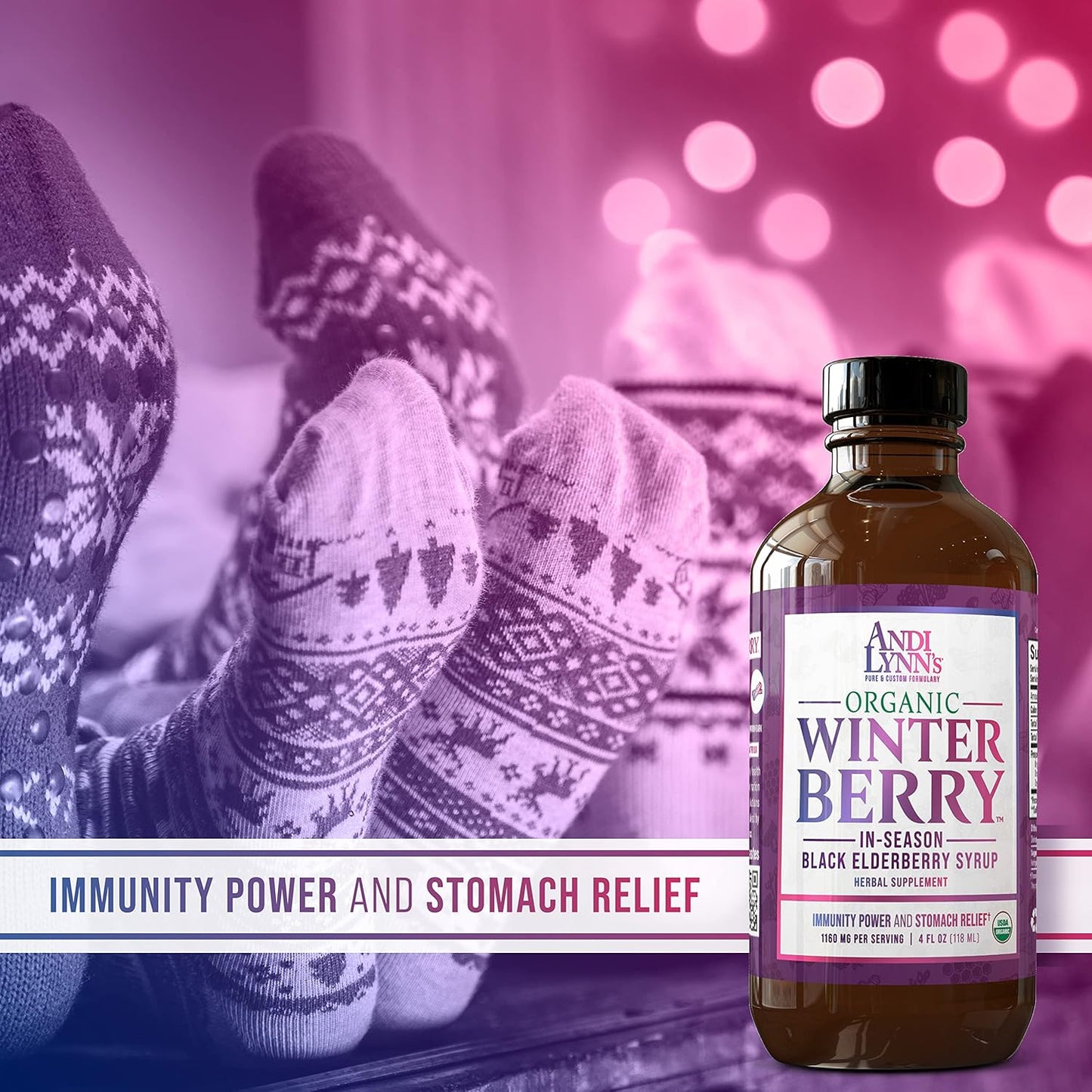 Andi Lynn's Winterberry Black Elderberry Syrup - Organic Immune Support with Cinnamon, Ginger, Honey, and Lemon - 4oz bottle for the Whole Family