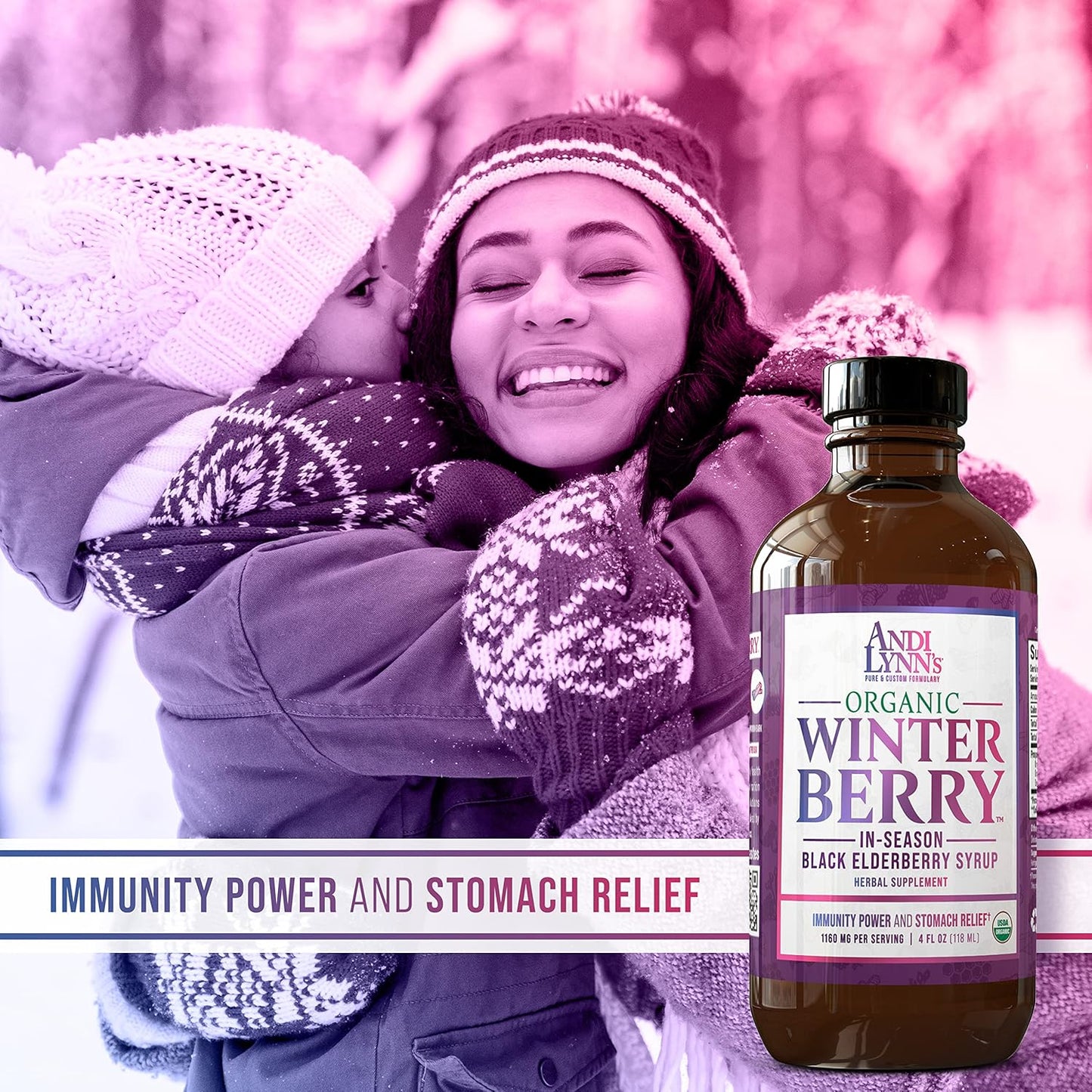 Andi Lynn's Winterberry Black Elderberry Syrup - Organic Immune Support with Cinnamon, Ginger, Honey, and Lemon - 4oz bottle for the Whole Family