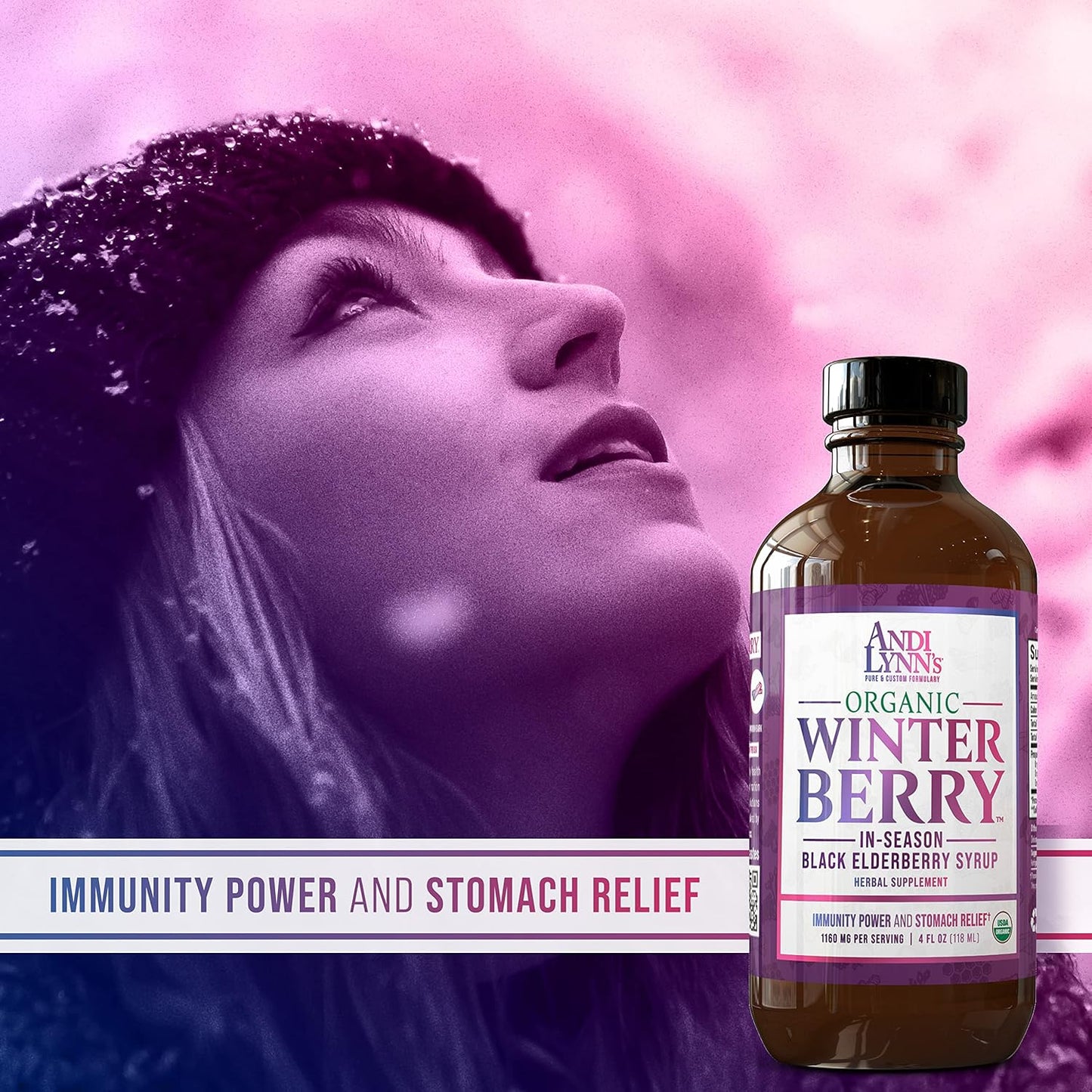 Andi Lynn's Winterberry Black Elderberry Syrup - Organic Immune Support with Cinnamon, Ginger, Honey, and Lemon - 4oz bottle for the Whole Family