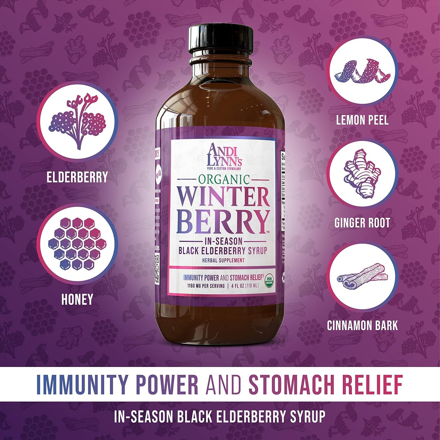 Andi Lynn's Winterberry Black Elderberry Syrup - Organic Immune Support with Cinnamon, Ginger, Honey, and Lemon - 4oz bottle for the Whole Family
