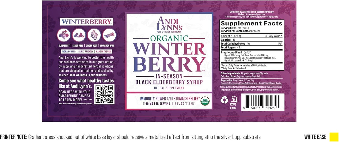 Andi Lynn's Winterberry Black Elderberry Syrup - Organic Immune Support with Cinnamon, Ginger, Honey, and Lemon - 4oz bottle for the Whole Family