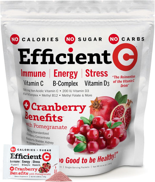 ANDREW LESSMAN Efficient C + Cranberry 180 Packets: Immune, Energy, Stress & UTI Support - Zero Calories, Sugar, Carbs - Easy Mix