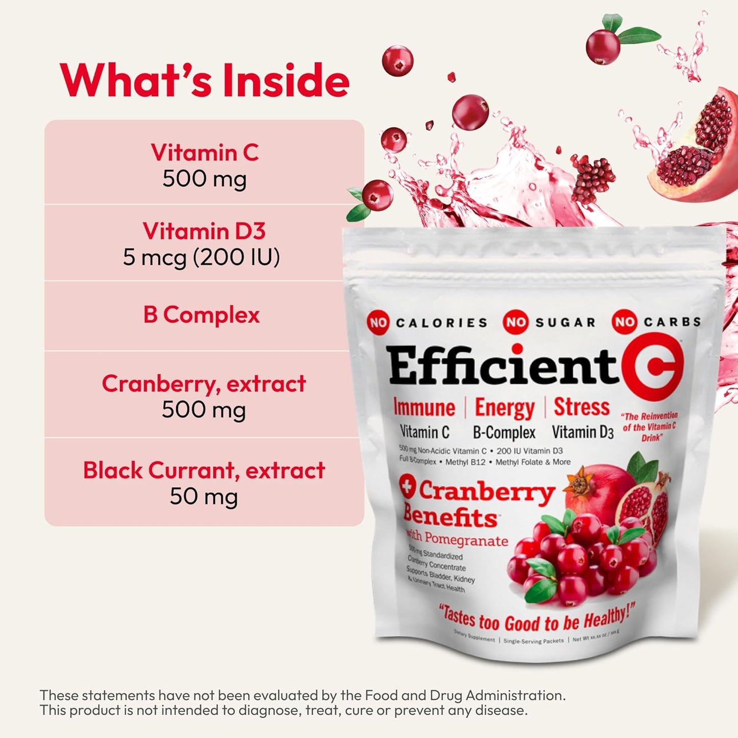 ANDREW LESSMAN Efficient C + Cranberry 180 Packets: Immune, Energy, Stress & UTI Support - Zero Calories, Sugar, Carbs - Easy Mix