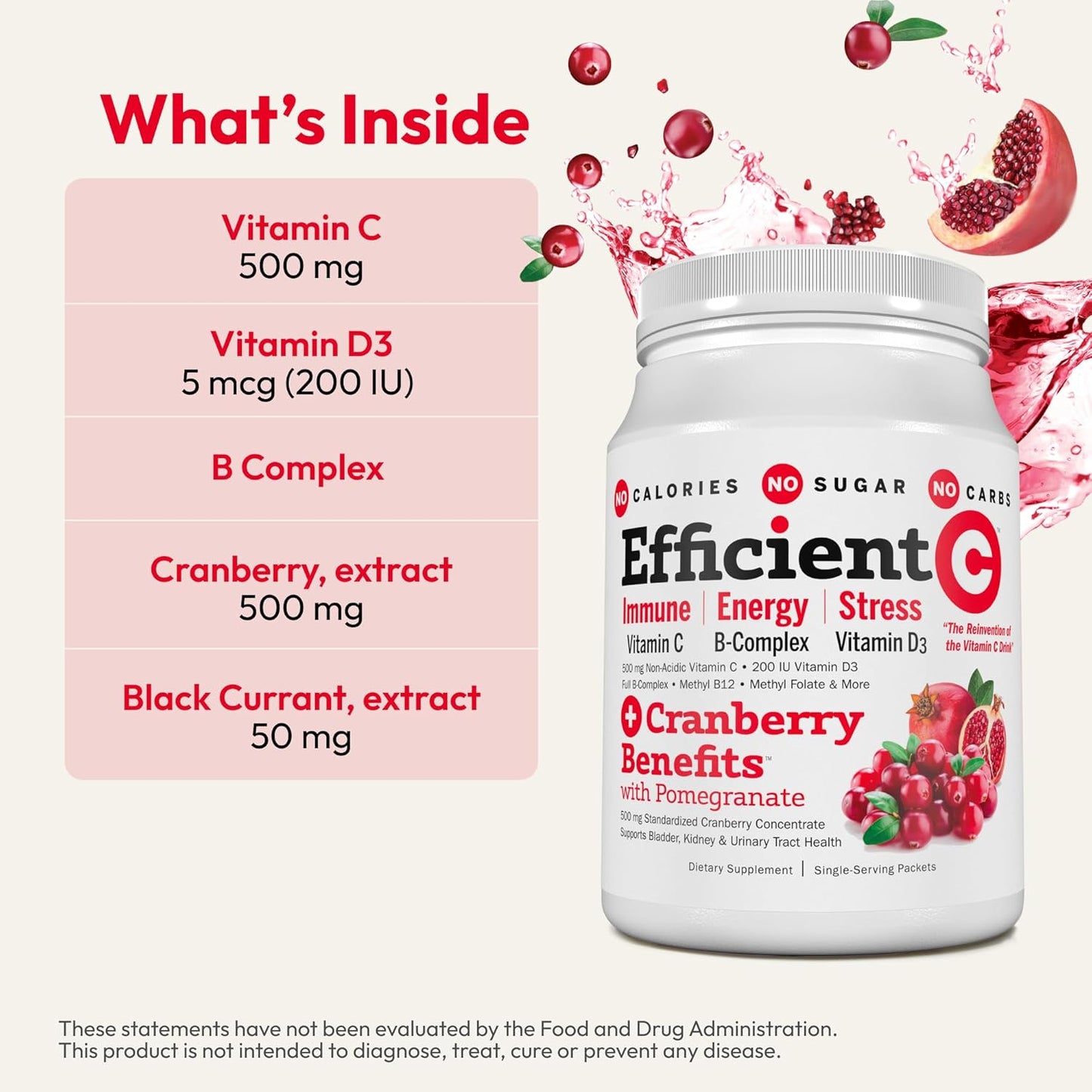 ANDREW LESSMAN Efficient C + Cranberry Benefits 30 Packets - Immune, Energy, Stress, and Urinary Tract Support with Zero Calories, Sugar, or Carbs. Easy-to-Mix Vitamin C Drink.