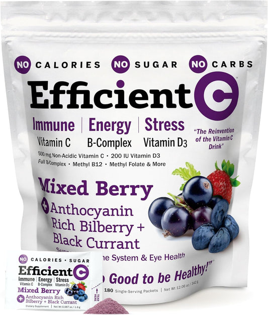 ANDREW LESSMAN Efficient C Mixed Berry 90 Packets - Immunity, Energy, Stress, and Eye Health Support with Zero Calories, Sugar, or Carbs. Convenient and Delicious Vitamin C Drink Mix.