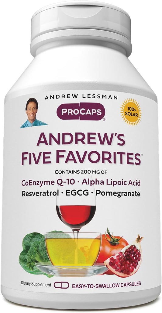 Andrew Lessman Five Favorites Capsules - 200mg Coenzyme Q-10, Resveratrol, EGCG, Pomegranate, Alpha Lipoic Acid - Antioxidant Support - No Additives