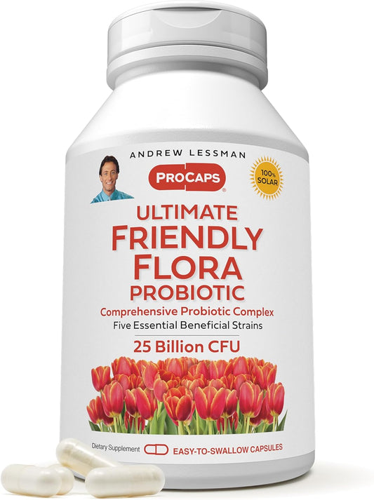 ANDREW LESSMAN Ultimate Friendly Flora Probiotic Capsules - 25 Billion CFU, Comprehensive Blend of Five Strains, Immune and Digestive Support