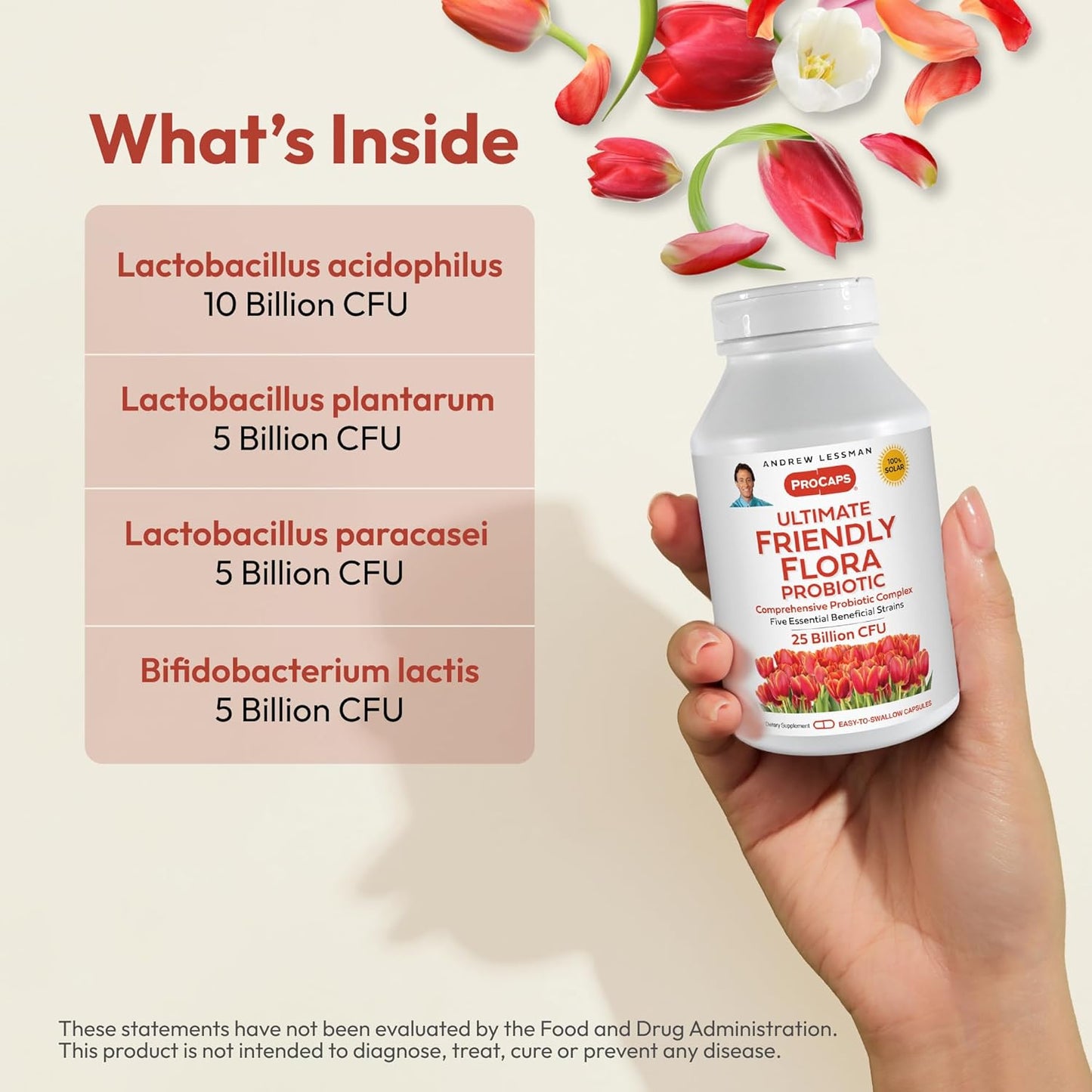 ANDREW LESSMAN Ultimate Friendly Flora Probiotic Capsules - 25 Billion CFU, Comprehensive Blend of Five Strains, Immune and Digestive Support