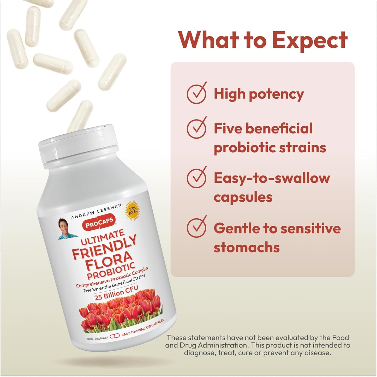 ANDREW LESSMAN Ultimate Friendly Flora Probiotic Capsules - 25 Billion CFU, Comprehensive Blend of Five Strains, Immune and Digestive Support