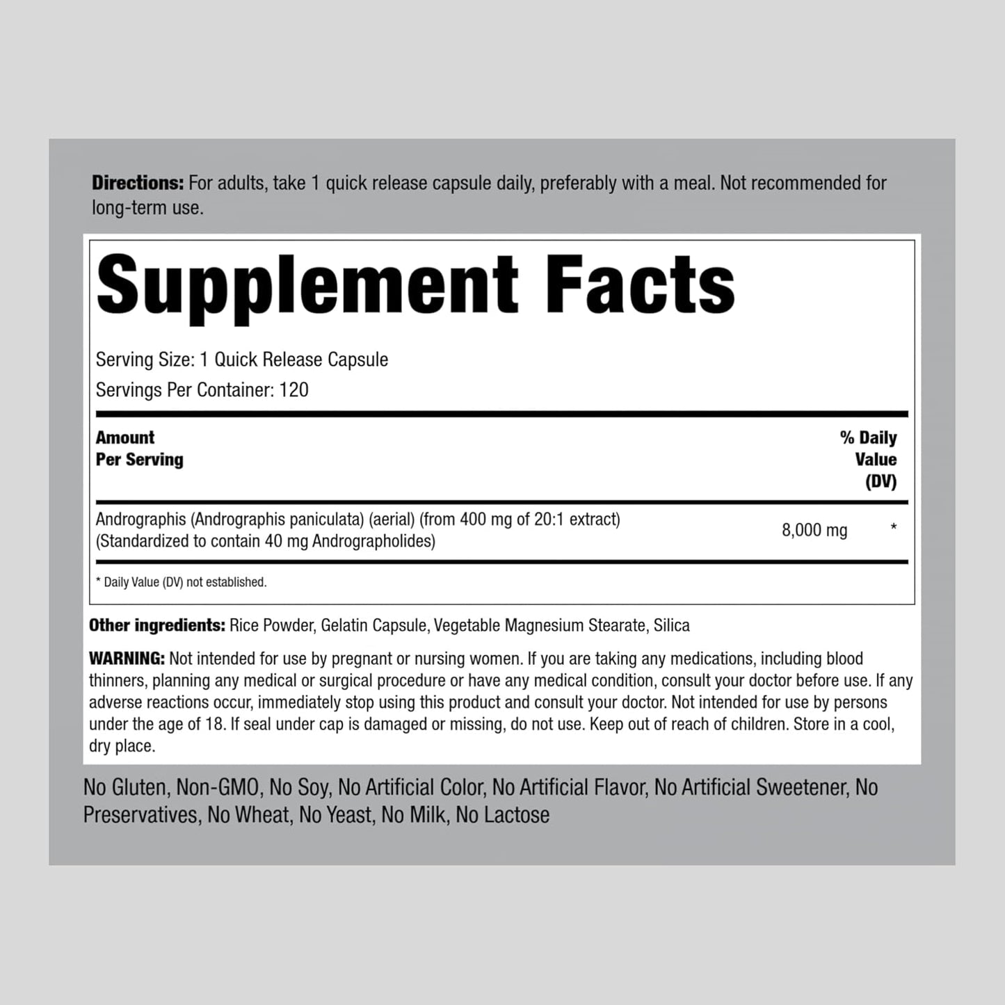 Andrographis Paniculata Extract Capsules | 8000 mg Strength | 120 Count | Herbal Supplement | Non-GMO, Gluten-Free