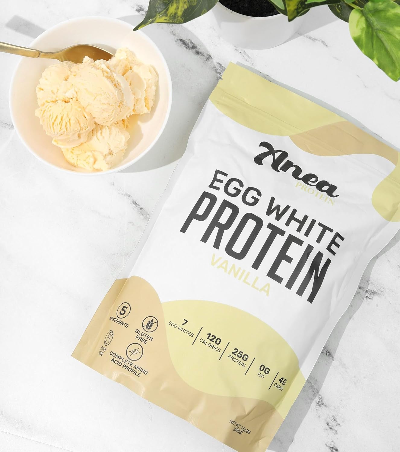 Anea Egg White Protein Powder - 25g Protein, Dairy/Gluten/Fat Free, Amino Acids, High Biological Value - Vanilla Flavor - 1.5lb Pack