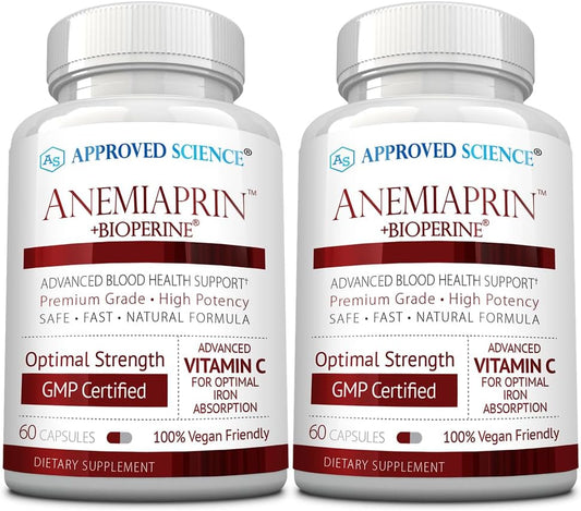 Anemiaprin Iron Supplement with Vitamin C - Easy on Stomach - 120 Capsules - 2 Month Supply - Non-GMO, Vegan Formula