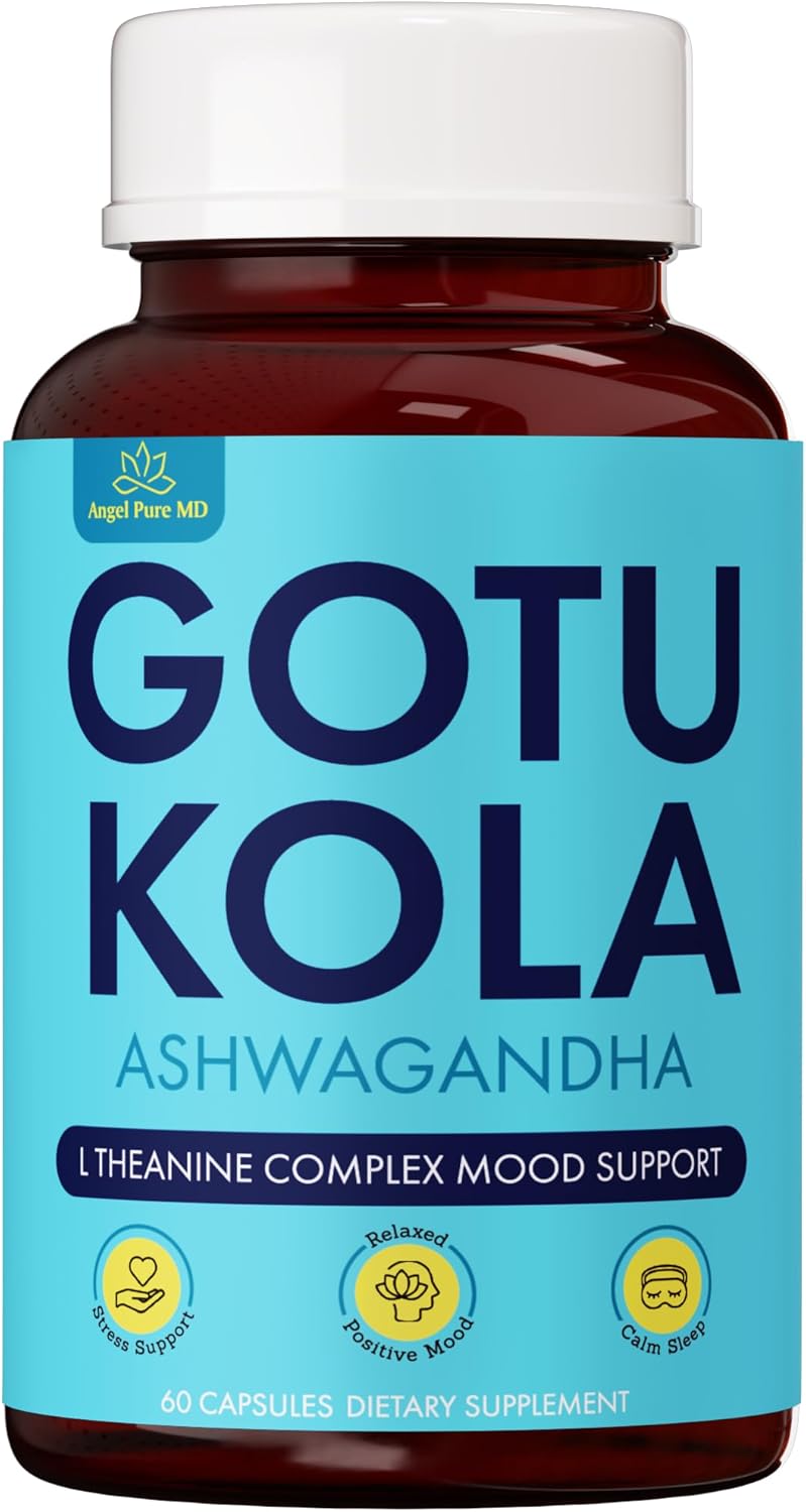Angel Pure MD Stress Relief Supplement with Ashwagandha, Vitamin B12, Rhodiola Rosea & Lemon Balm - 60 Capsules for Focus, Mood Support & Natural Energy