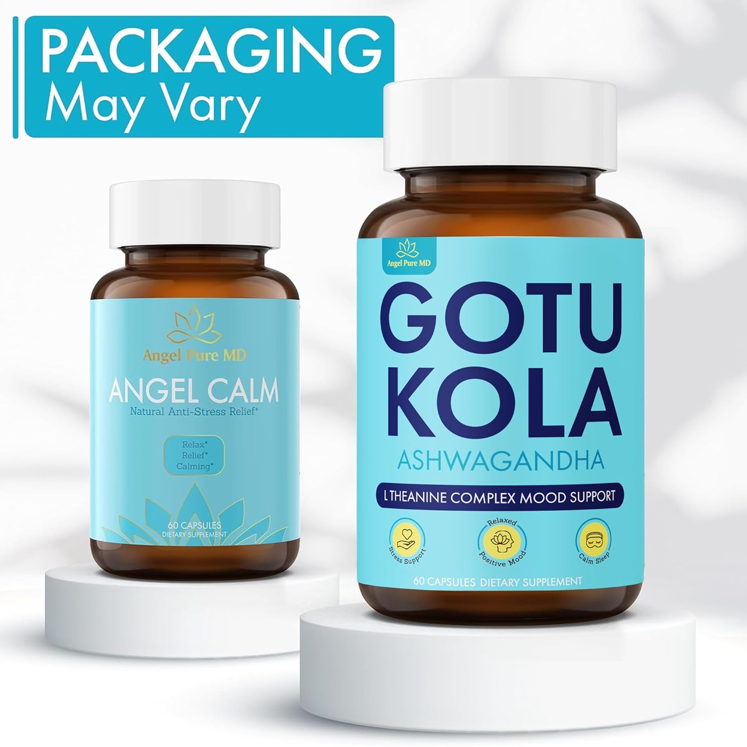 Angel Pure MD Stress Relief Supplement with Ashwagandha, Vitamin B12, Rhodiola Rosea & Lemon Balm - 60 Capsules for Focus, Mood Support & Natural Energy