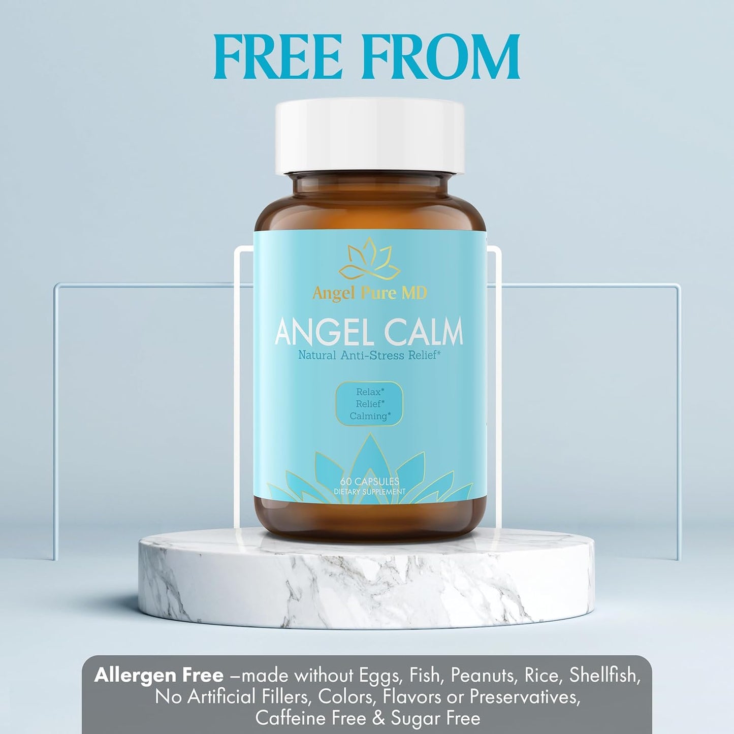 Angel Pure MD Stress Relief Supplement with Ashwagandha, Vitamin B12, Rhodiola Rosea & Lemon Balm - 60 Capsules for Focus, Mood Support & Natural Energy