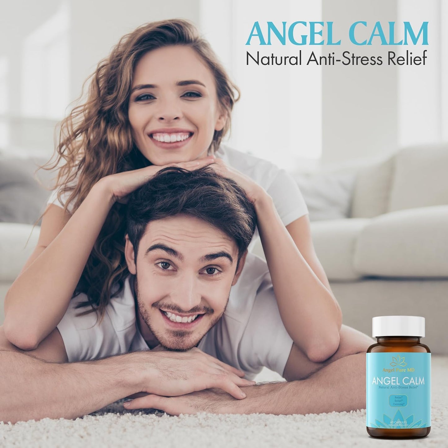 Angel Pure MD Stress Relief Supplement with Ashwagandha, Vitamin B12, Rhodiola Rosea & Lemon Balm - 60 Capsules for Focus, Mood Support & Natural Energy