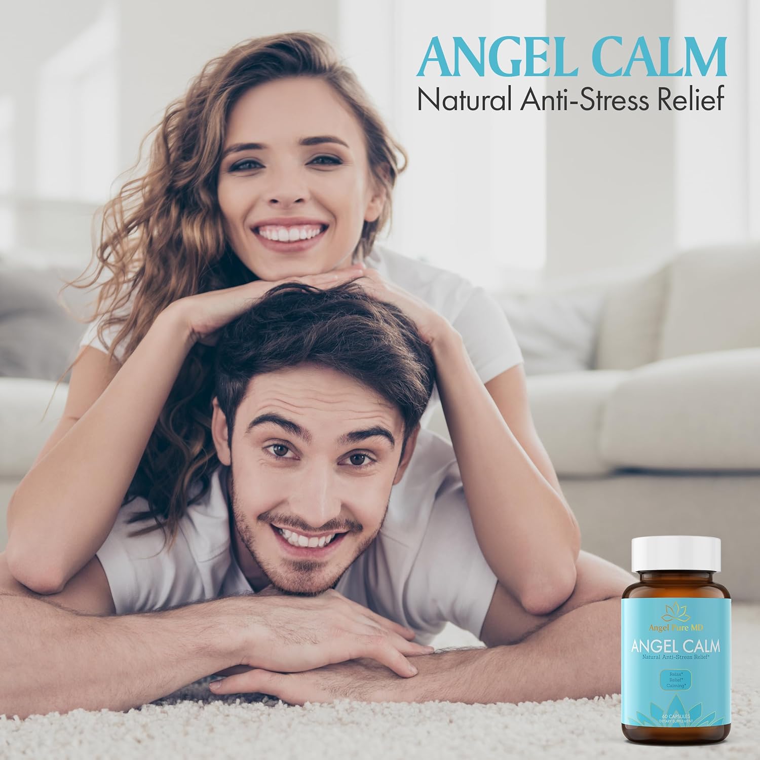 Angel Pure MD Stress Relief Supplement with Ashwagandha, Vitamin B12, Rhodiola Rosea & Lemon Balm - 60 Capsules for Focus, Mood Support & Natural Energy
